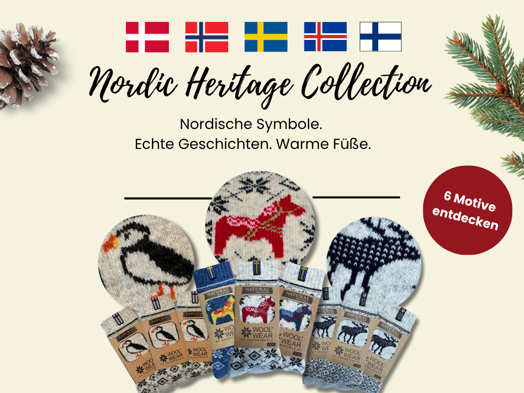 Nordic Heritage Collection von Yndra mit skandinavischen Wollsocken und traditionellen Symbolen aus Schweden, Norwegen, Finnland und den Färöern.