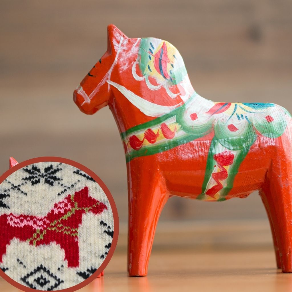 Wollsocken mit schwedischem Dalapferd als Symbol für schwedische Handwerkskunst und Tradition.