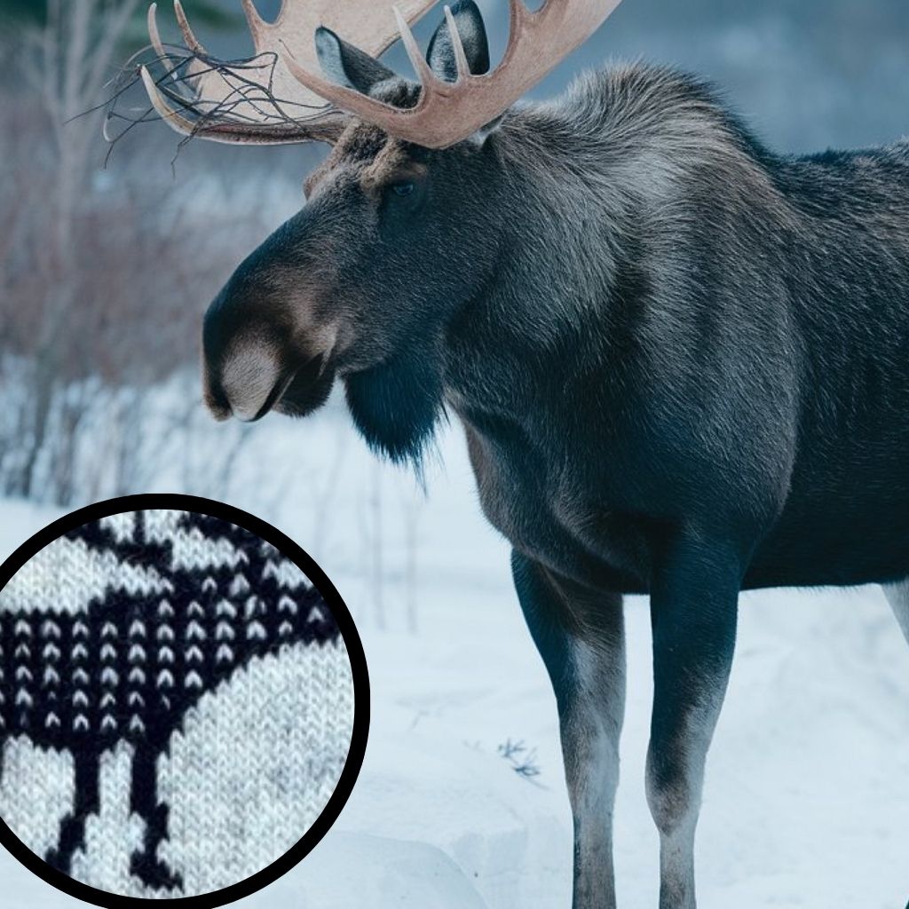 Skandinavische Wollsocken mit Elchmotiv aus Norwegen im traditionellen Strickdesign.