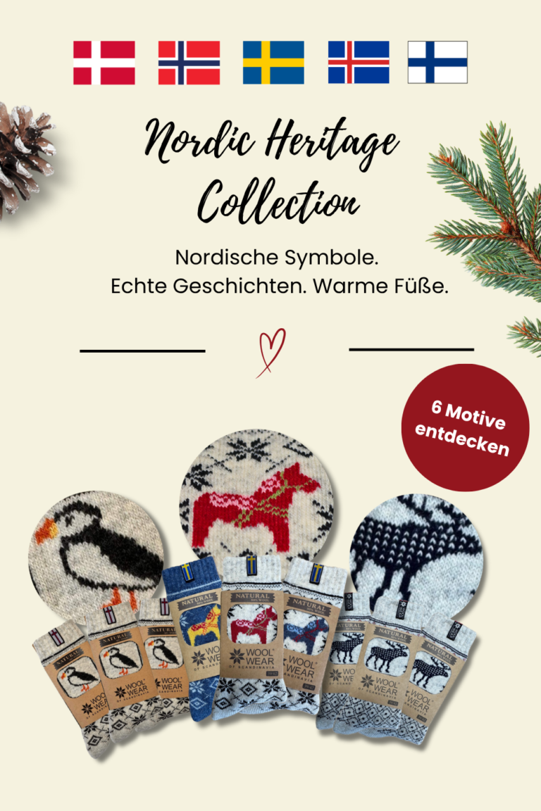 Yndra Nordic Heritage Collection mit skandinavischen Wollsocken und nordischen Symbolen wie Dalapferd, Papageientaucher, Rentier - 6 motive_mobile.